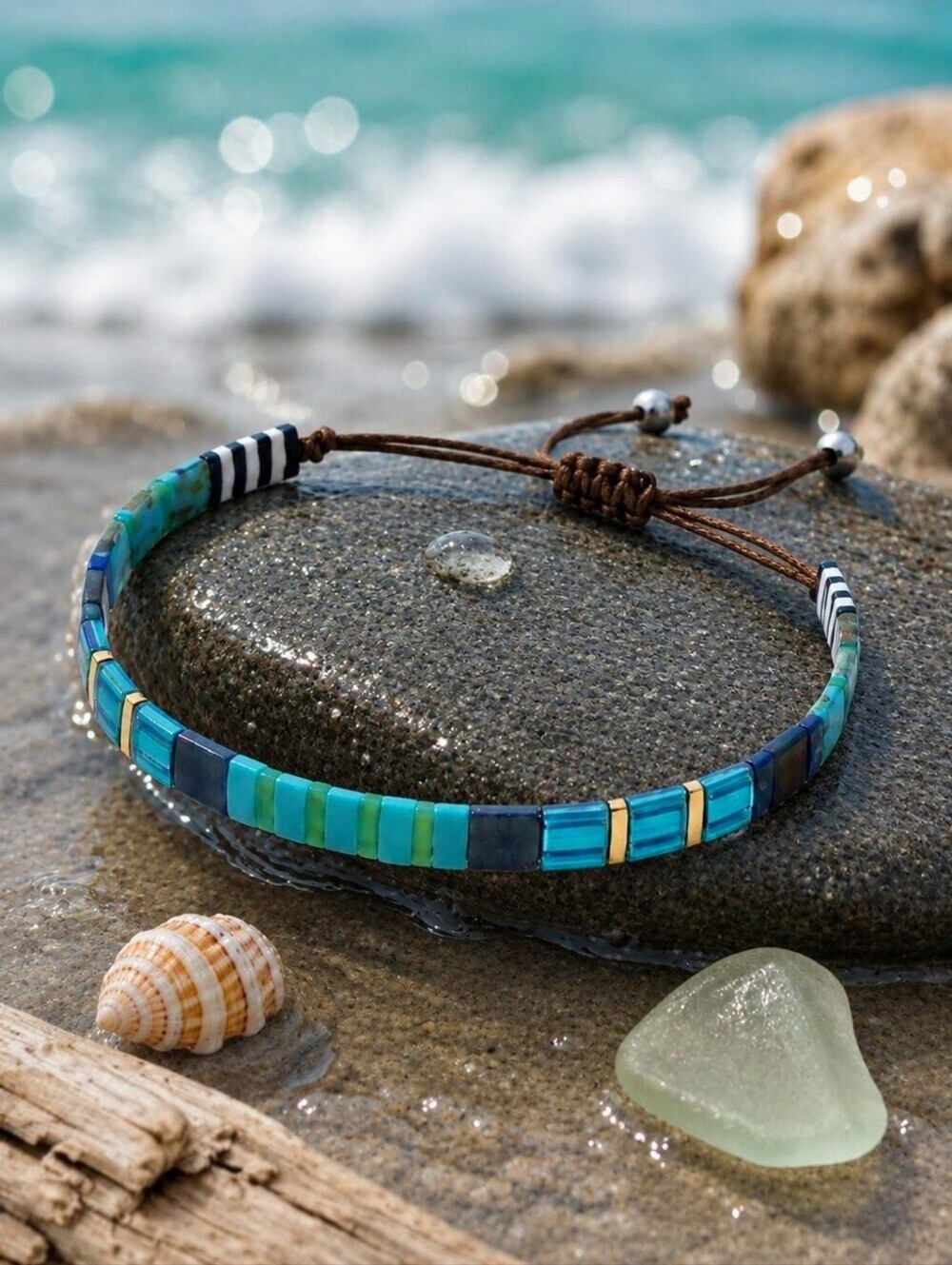 Miyuki Tila Glass Bead Bracelet Blue Teal Gold Adjustable Coastal Stacking